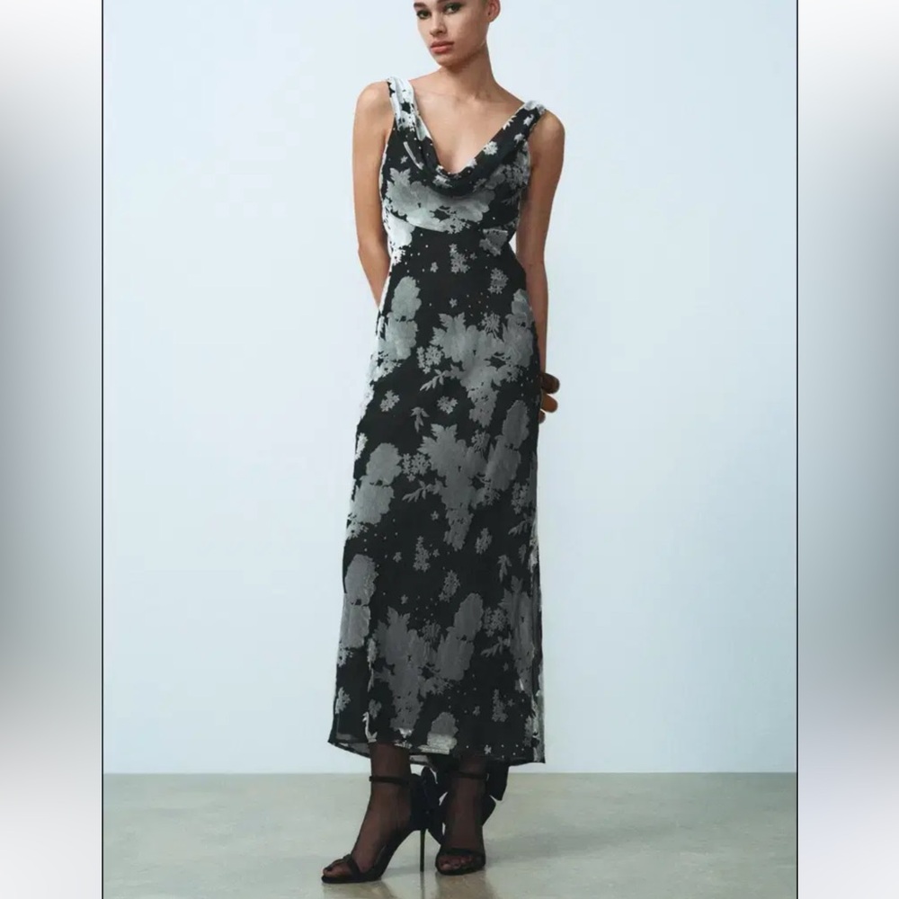 Zara Black and Gray Floral Maxi Dress